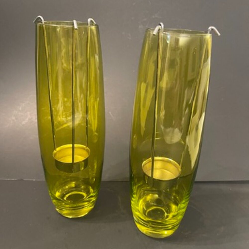2 Yellow Glass Votive/Vases with Metal Candle Holders - 9" Tall